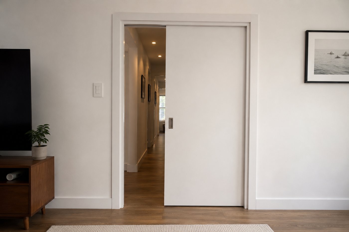 White pocket door sliding open into a hallway