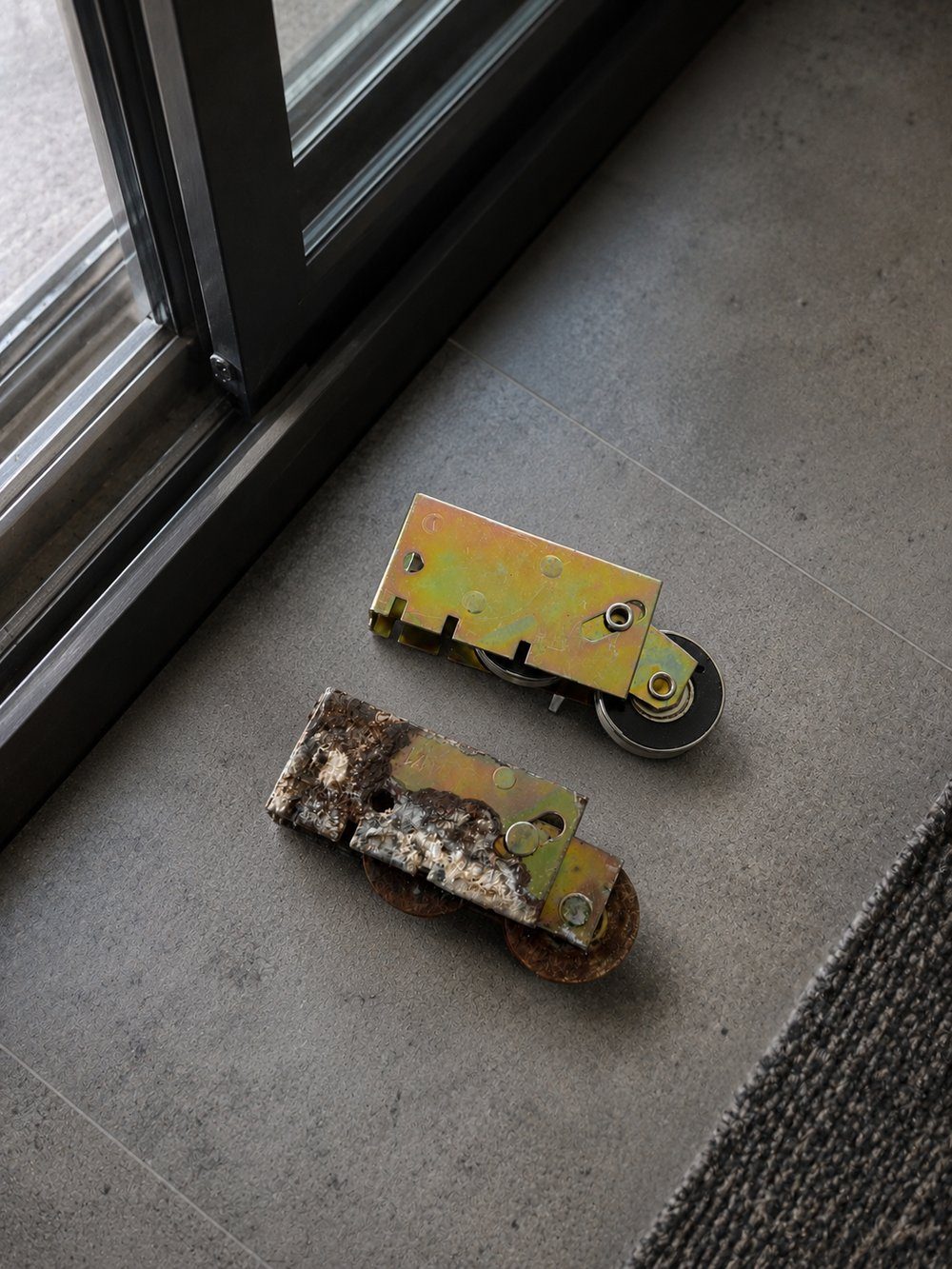Corroded sliding door roller next to a stainless replacement
