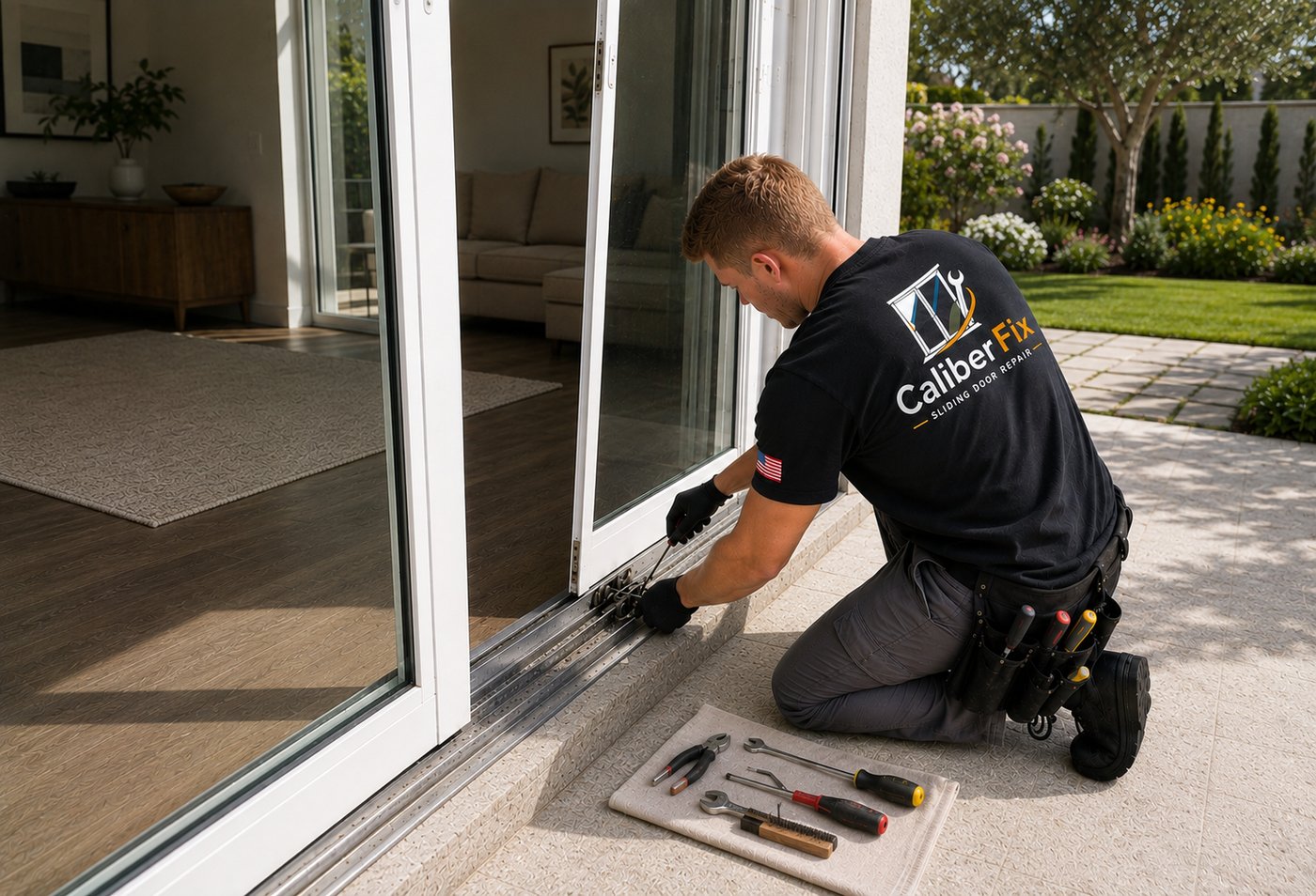 CaliberFix technician servicing a sliding door track